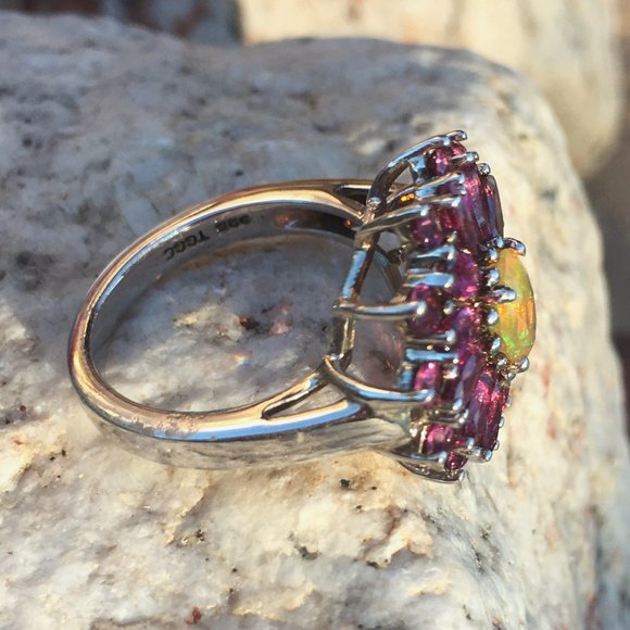 Genuine Opal & Garnet Halo Ring .925 Sterling Silver Natural Gemstones Sz 5 or 7 - Picture 4 of 16